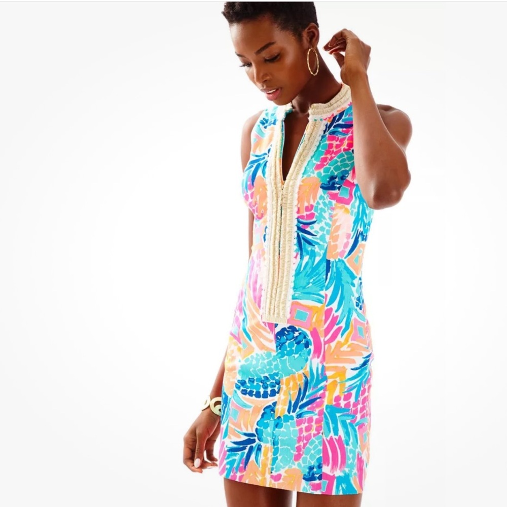 Lilly Pulitzer Alexa Gold Fringed Lace Trim Shift Dress in Goombay Smashed Sz 8
